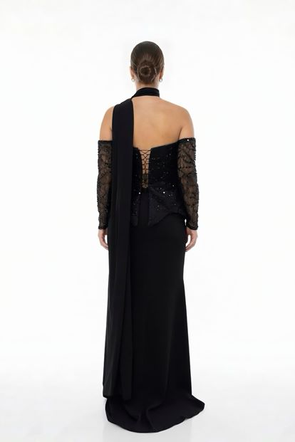 فستان سهرة أسود بدون حمالات مزين بالترتر، مقاس كبير